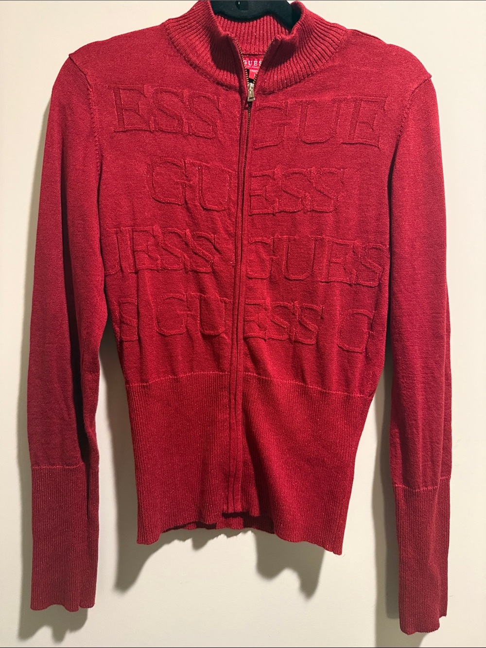 Guess Red Full-Zip Logo Knit Cardigan